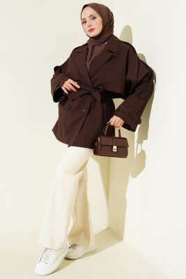 Oversize Apoletli Düğmeli Kısa Trençkot Kahve - Trençkot