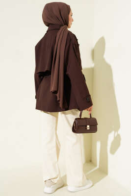 Oversize Apoletli Düğmeli Kısa Trençkot Kahve - Trençkot