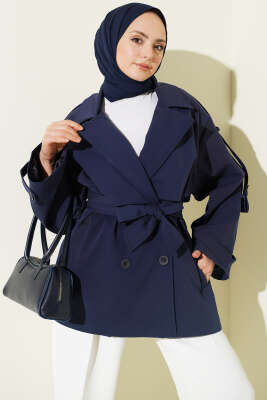 Oversize Apoletli Düğmeli Kısa Trençkot Lacivert - MİSS PERRY