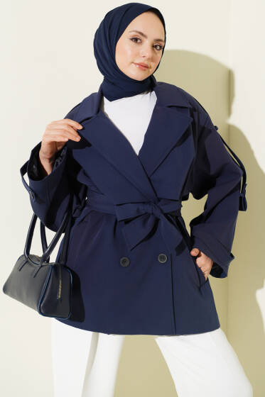 Oversize Apoletli Düğmeli Kısa Trençkot Lacivert - Trençkot