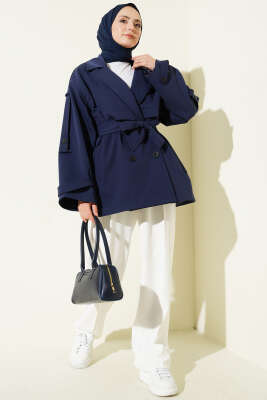 Oversize Apoletli Düğmeli Kısa Trençkot Lacivert - Trençkot