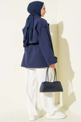 Oversize Apoletli Düğmeli Kısa Trençkot Lacivert - Trençkot