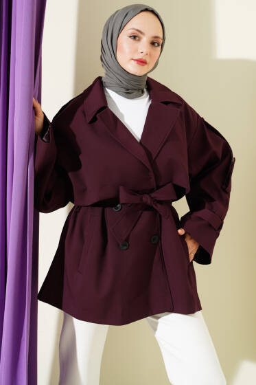 Oversize Apoletli Düğmeli Kısa Trençkot Mürdüm - Trençkot