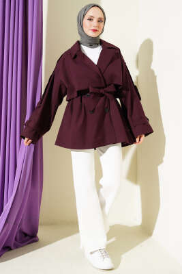 Oversize Apoletli Düğmeli Kısa Trençkot Mürdüm - Trençkot