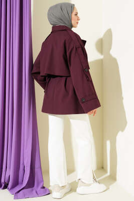 Oversize Apoletli Düğmeli Kısa Trençkot Mürdüm - Trençkot