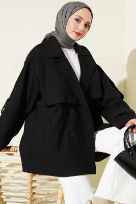 Oversize Apoletli Düğmeli Kısa Trençkot Siyah - MİSS PERRY