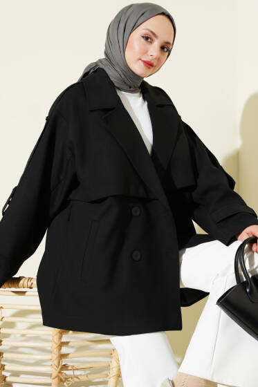 Oversize Apoletli Düğmeli Kısa Trençkot Siyah - Trençkot