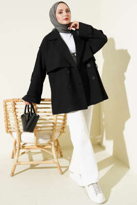 Oversize Apoletli Düğmeli Kısa Trençkot Siyah - Trençkot