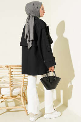 Oversize Apoletli Düğmeli Kısa Trençkot Siyah - Trençkot