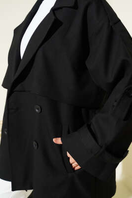 Oversize Apoletli Düğmeli Kısa Trençkot Siyah - Trençkot