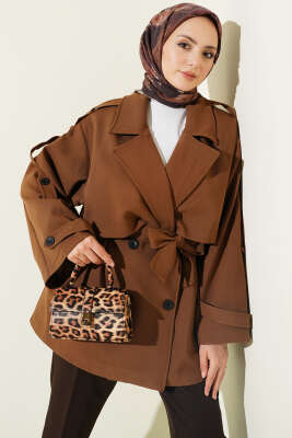 Oversize Apoletli Düğmeli Kısa Trençkot Taba - MİSS PERRY