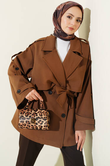 Oversize Apoletli Düğmeli Kısa Trençkot Taba - Trençkot