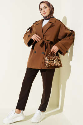 Oversize Apoletli Düğmeli Kısa Trençkot Taba - Trençkot