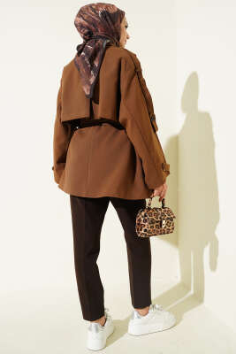 Oversize Apoletli Düğmeli Kısa Trençkot Taba - Trençkot