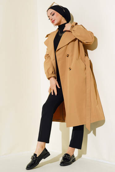 Oversize Apoletli Trençkot Camel - Trençkot