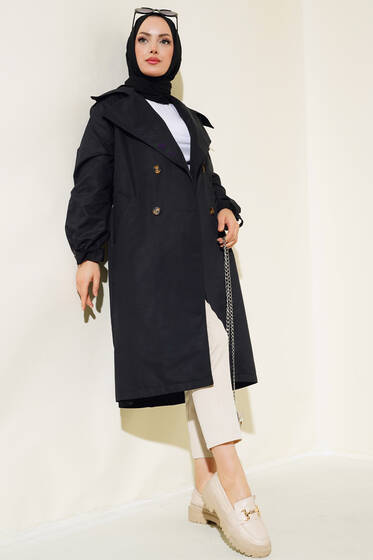Oversize Apoletli Trençkot Siyah - Trençkot