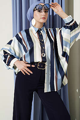 Oversize Asimetrik Çizgili Saten Gömlek Lacivert - HELLIE