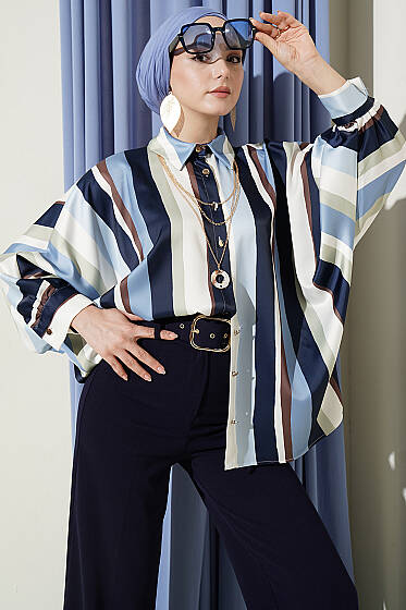 Oversize Asimetrik Çizgili Saten Gömlek Lacivert - Gömlek