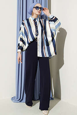 Oversize Asimetrik Çizgili Saten Gömlek Lacivert - Gömlek