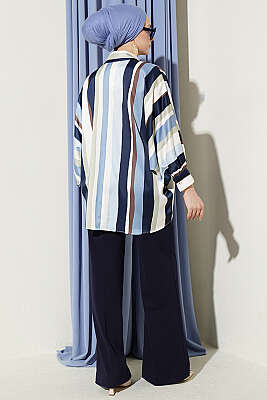 Oversize Asimetrik Çizgili Saten Gömlek Lacivert - Gömlek