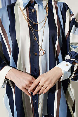 Oversize Asimetrik Çizgili Saten Gömlek Lacivert - Gömlek