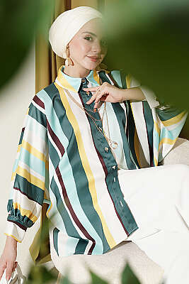 Oversize Asimetrik Çizgili Saten Gömlek Zümrüt - HELLIE