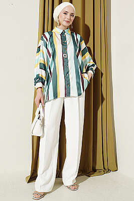 Oversize Asimetrik Çizgili Saten Gömlek Zümrüt - Gömlek