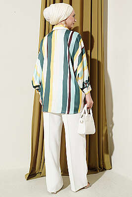 Oversize Asimetrik Çizgili Saten Gömlek Zümrüt - Gömlek