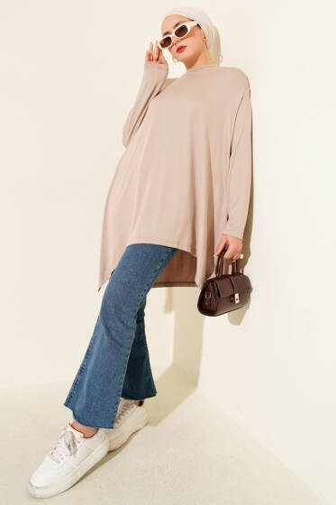 Oversize Asimetrik Kesim Tunik Bej - Tunik