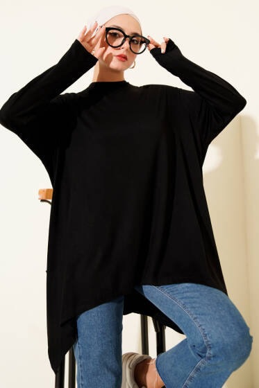 Oversize Asimetrik Kesim Tunik Siyah - Tunik