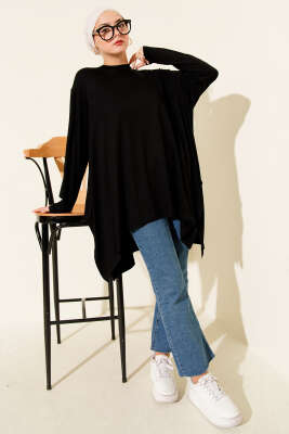 Oversize Asimetrik Kesim Tunik Siyah - Tunik
