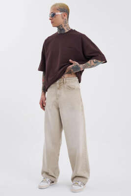Oversize Baggy Jean Erkek Pantolon Bej - Erkek Pantolon