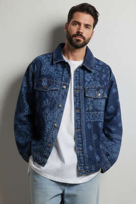 Oversize Barok Desenli Erkek Kot Ceket Mavi - MACINIST