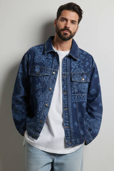 Oversize Barok Desenli Erkek Kot Ceket Mavi - Erkek Ceket