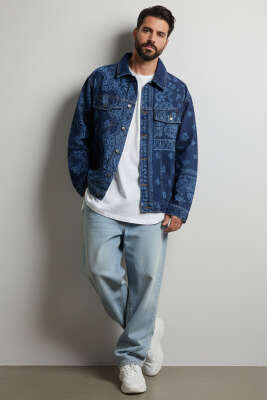 Oversize Barok Desenli Erkek Kot Ceket Mavi - Erkek Ceket