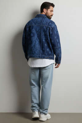 Oversize Barok Desenli Erkek Kot Ceket Mavi - Erkek Ceket