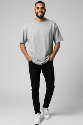 Oversize Basic Erkek Tshirt Gri - Yılın Fırsatı