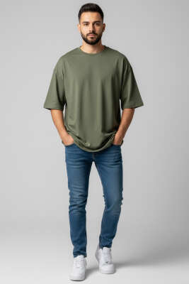 Oversize Basic Erkek Tshirt Haki - Yılın Fırsatı
