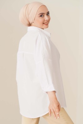 Oversize Basic Gömlek Beyaz - Thumbnail