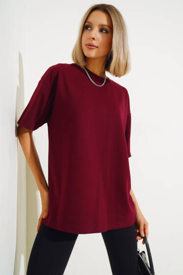 Oversize Basic T-shirt Bordo - Kadın Giyim Modelleri