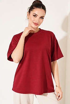 Oversize Basic T-shirt Bordo - ELFİDA TEKSTİL