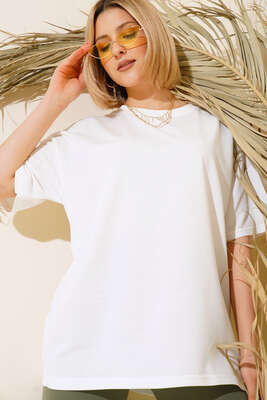 Oversize Basic T-shirt Ekru - Kadın Giyim Modelleri