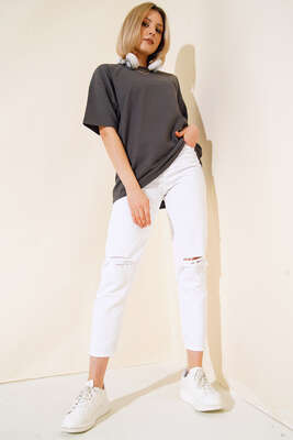 Oversize Basic T-shirt Füme - Kadın Giyim Modelleri