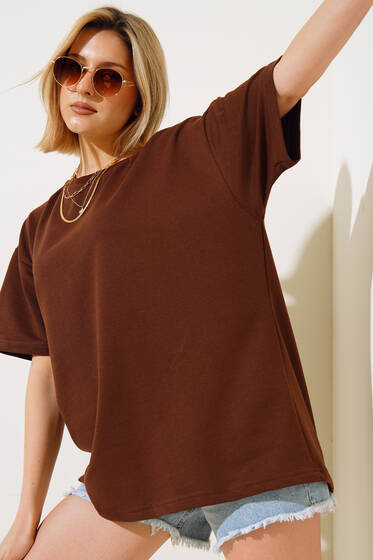 Oversize Basic T-shirt Kahve - Kadın Giyim Modelleri