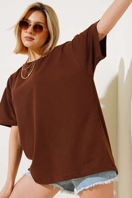 Oversize Basic T-shirt Kahve - Yeni Giyim