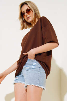 Oversize Basic T-shirt Kahve - Yeni Giyim