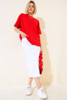 Oversize Basic T-shirt Kırmızı - Kadın Giyim Modelleri
