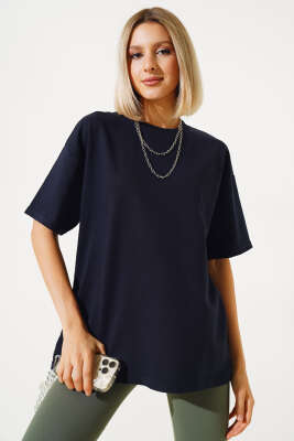 Oversize Basic T-shirt Lacivert - Yeni Giyim