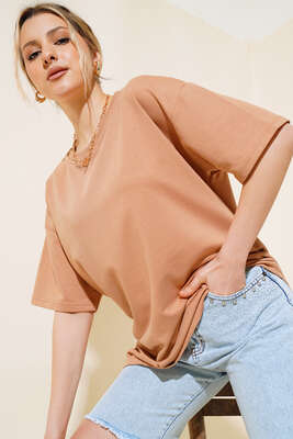 Oversize Basic T-shirt Latte - Yeni Giyim