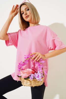 Oversize Basic T-shirt Pembe - Yeni Giyim